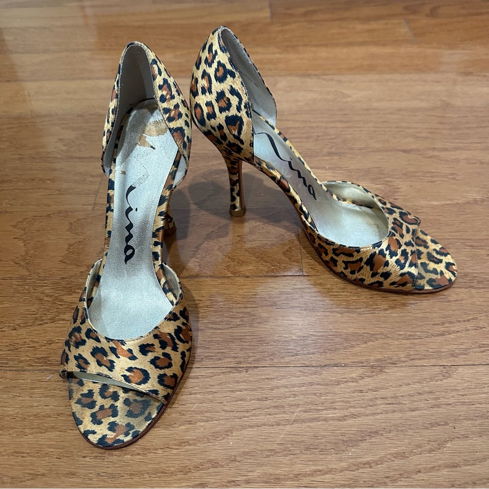 Nina Leopard Print Open Toe Heels